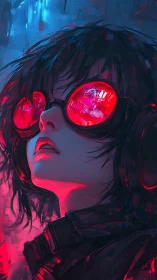 Neon-lit cybernetic portrait isolates reflective red visor glow