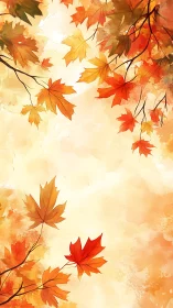 Golden autumn leaves drift gently across a glowing sky