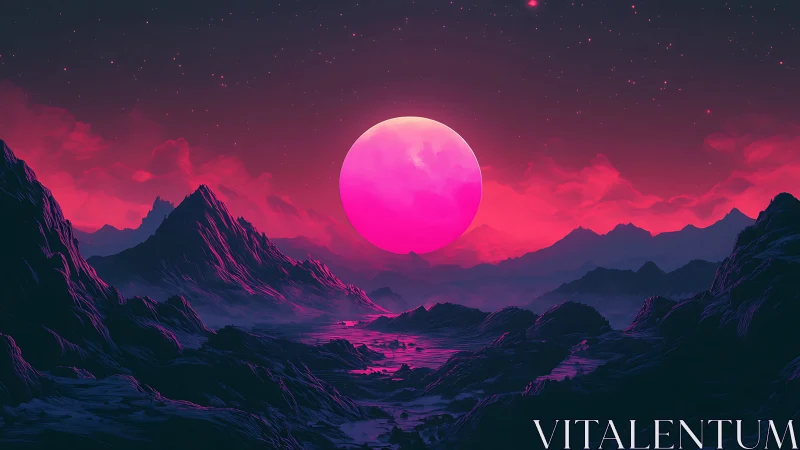 Neon lunar horizon over alien mountains in magenta dusk.