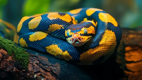 Coiled snake with bright yellow and blue scales rests on log
