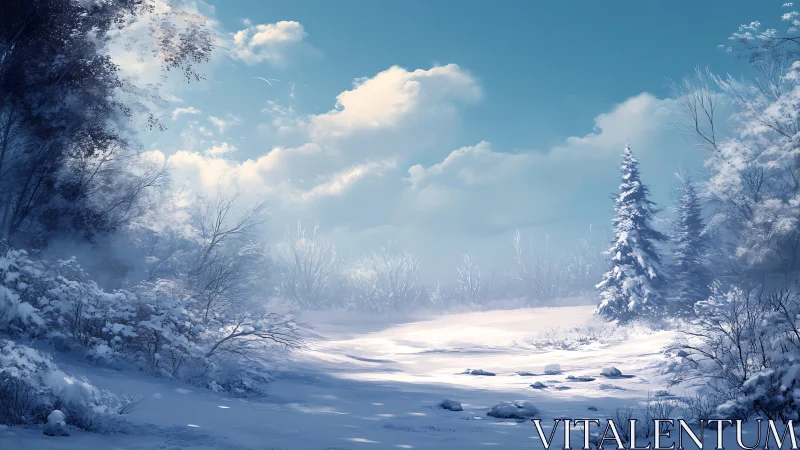 Snow-covered forest clearing under bright winter sky.