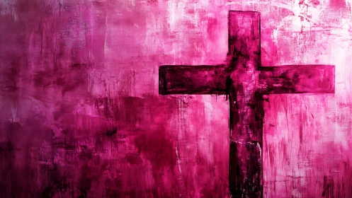 Crimson cross dominates rough magenta abstract field