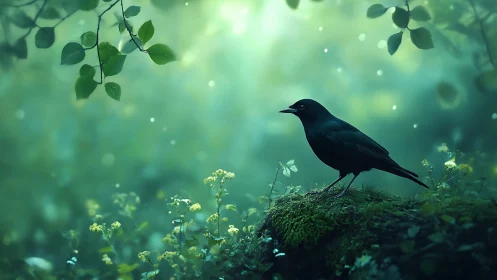 Blackbird rests on mossy log in softly glowing forest haze