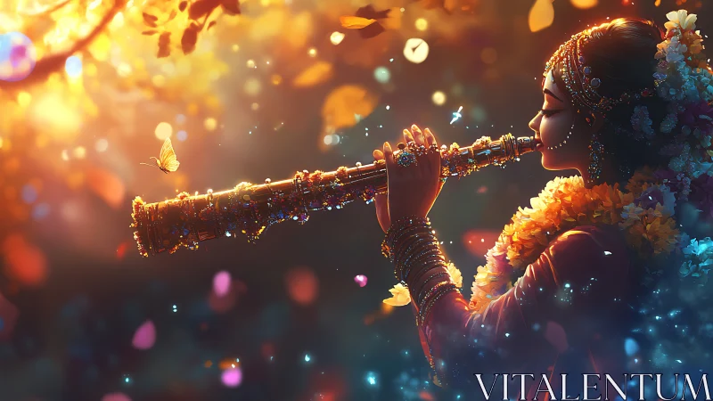 Woman playing ornate flute amid floating petals and light.