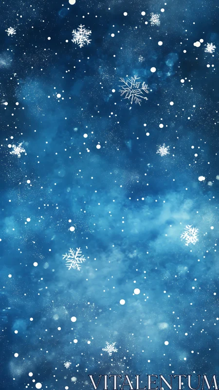 Gentle snowflakes drift softly across a dreamy blue sky