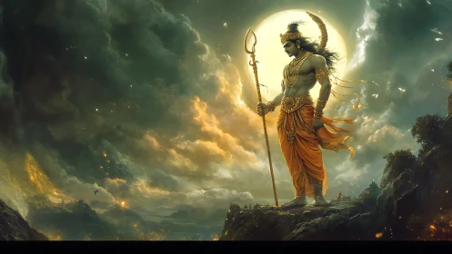 Divine warrior stands over stormy valley before radiant moon