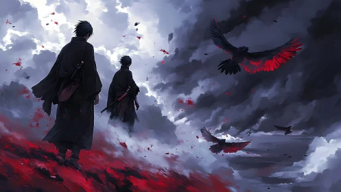 Rogue swordsmen cross crimson field under storm crows