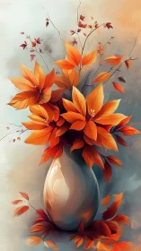 Orange Floral Arrangement in White Vase with Scattered Petals