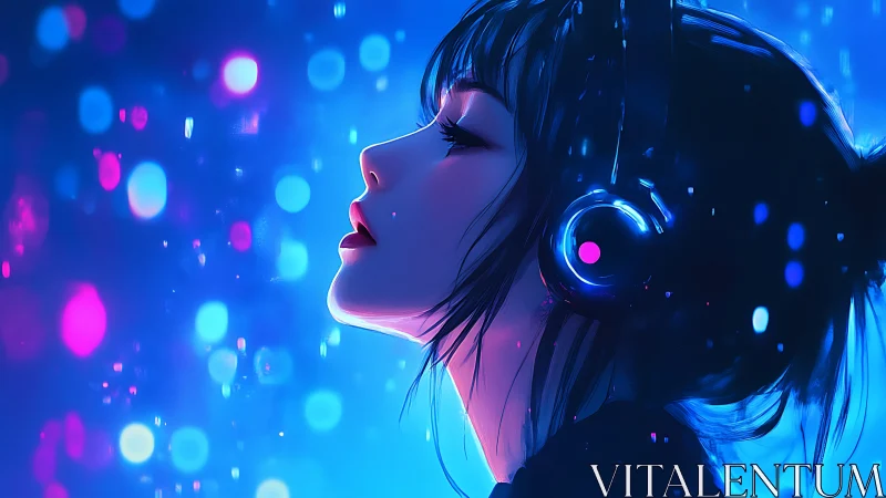 Neon-lit digital painting portrait in immersive cyber audio space.
