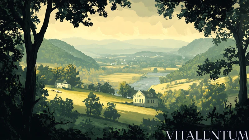 Digital painting of pastoral river valley framed by trees.