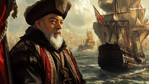 Regal naval commander surveys an advancing armada at sea