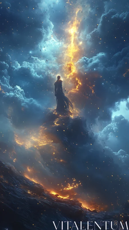 Lone starborn figure courts a storm of fire and clouds