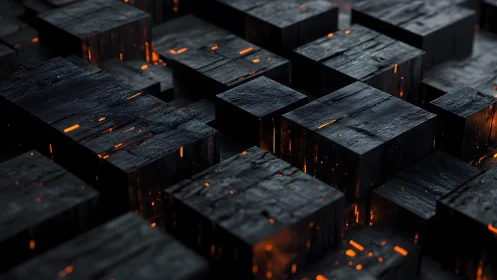 Charred Wooden Cubes with Glowing Embers, Futuristic Abstract Style.