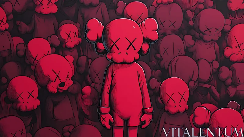 Solitary crimson figure stands mute amid a crowded void