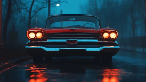 Classic red sedan under streetlights on rainy night.