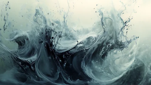 Surging abstract waves twist into liquid silver forms.