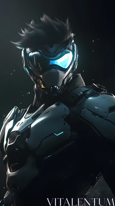 Futuristic cyber warrior in reflective armored exosuit