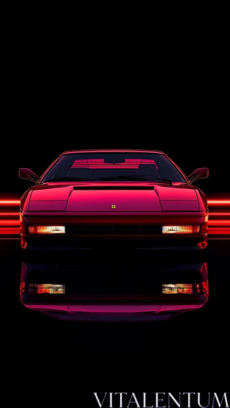 Retro red sports car glowing in sleek neon reflections.