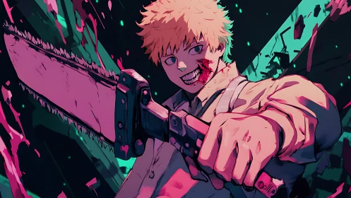 Bloody anime fighter holding huge chainsaw in battle pose.