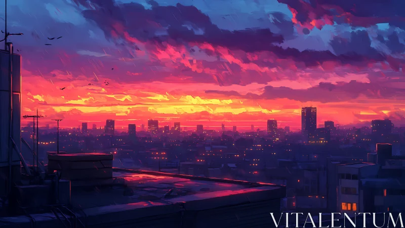 City rooftop skyline under radiant neon sunset glow.