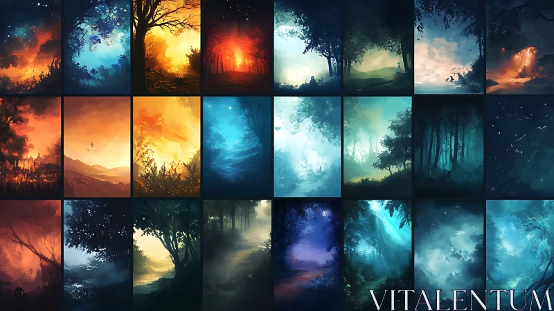 Grid shows stylized forest landscapes in varied lighting conditions