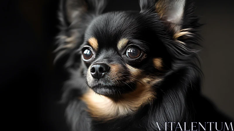 Close-up portrait of long-haired black and tan Chihuahua dog.