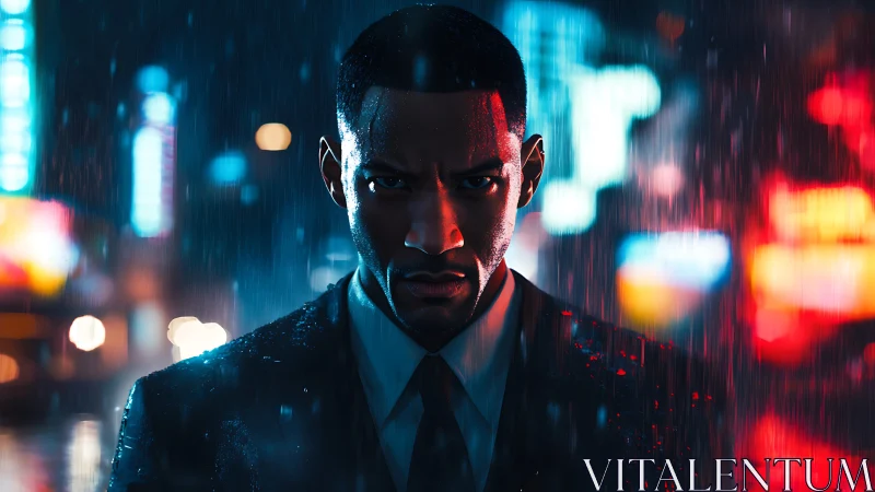 Intense suited man in neon city rain at night.