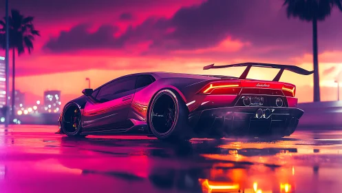 Sleek supercar glows against a neon sunset city street
