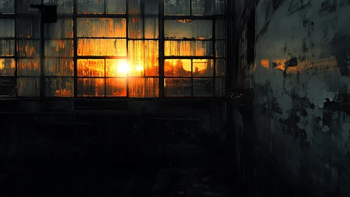 Industrial dusk blaze through cracked warehouse windows.