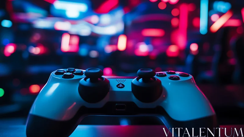 Game controller rests before defocused neon gaming displays