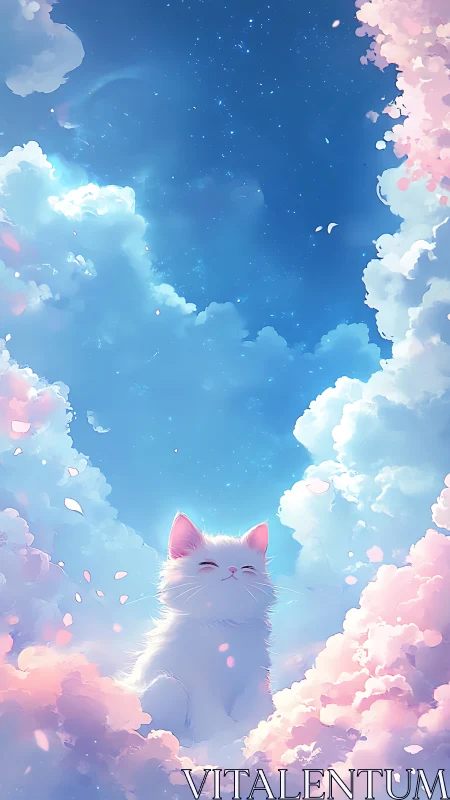 Dreamy white cat basks in celestial pastel cloudscape.