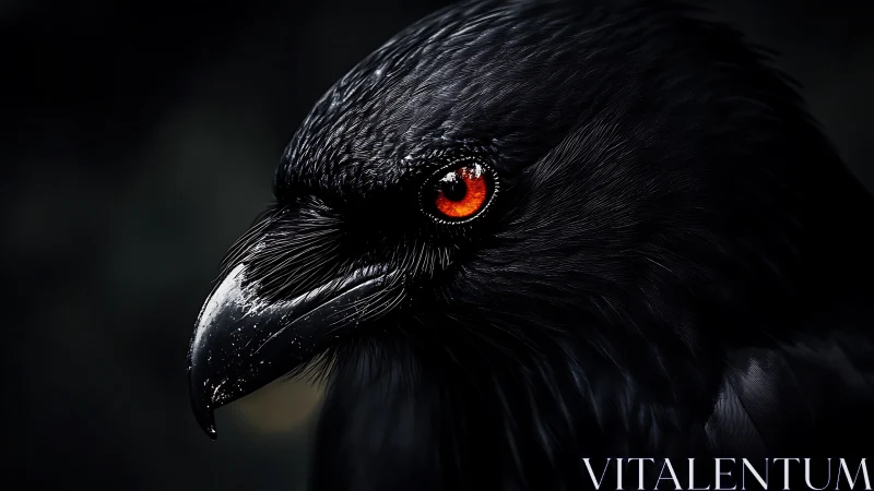 Crimson eyed raven in velvety shadowed stillness.