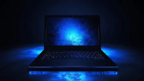 Sleek laptop glows with electric blue cyber lighting