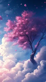 Cherry blossom tree drifts above clouds in dreamy twilight