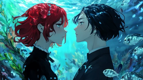 Submerged anime couple rendered with dynamic caustics and color contrast
