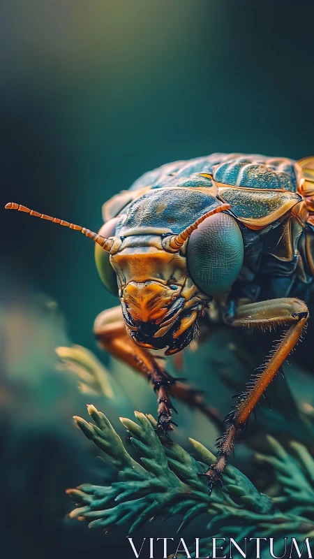 Extreme close up of colorful insect on green foliage.