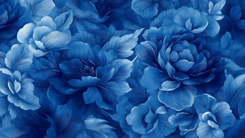 Multiple overlapping blue flowers rendered with detailed brushwork techniques.