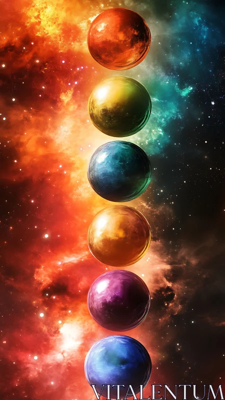 Glowing rainbow orbs floating gently in a cosmic sky.