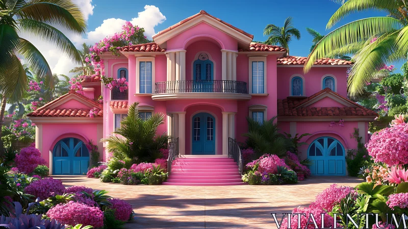 Cotton-candy mansion lounges beneath tropical blue skies