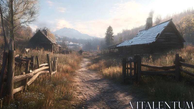 Sunlit rustic homestead path rendered in soft photorealism