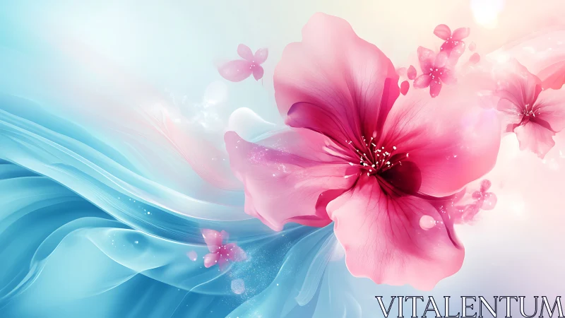 Pink Blossoms Dance in Blue Silk Waves.