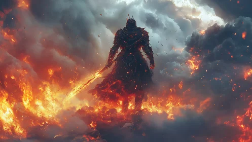 Armored warlord silhouette stands in volumetric fire and smoke