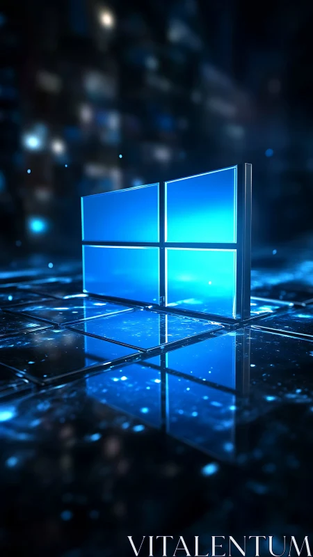 Glowing blue window icon on reflective cyber grid surface.