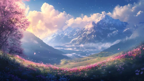 Luminous alpine valley with cherry bloom and snow massifs.