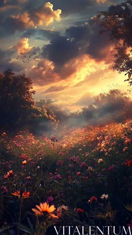 Sunlit wildflower meadow under dramatic evening clouds.