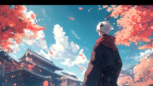 Autumn shrine wanderer beneath vivid sakura skies.