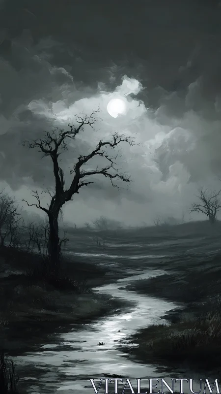 Nocturnal marshland under full moon with solitary dead tree