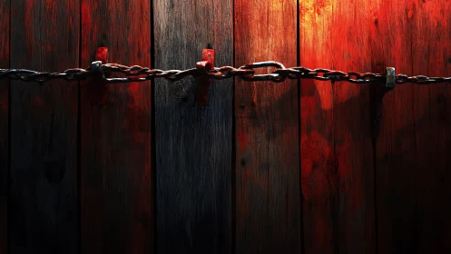 Rust-darkened chain slices through ember-stained wooden dusk