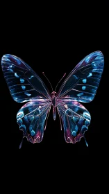 Iridescent glasswing butterfly render with neon cyan magenta lighting