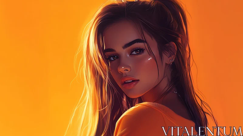 Sunlit muse in molten orange glow and electric highlights.